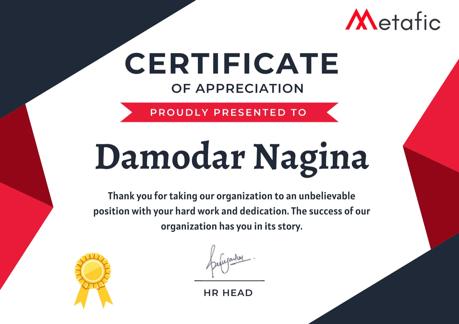 Certificate of Appreciation from Metafic
