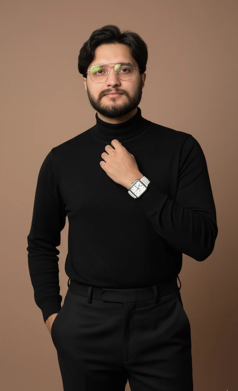 Damodar in a black turtleneck against a brown backdrop