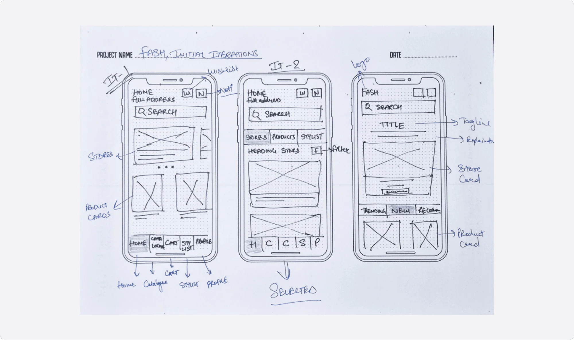 Pen and paper wireframe sketch 1