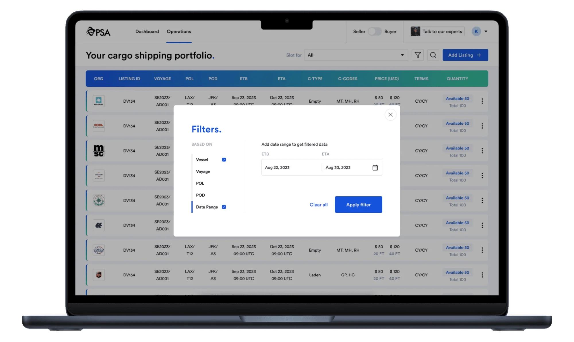 Slotxpert data table with filters and actions